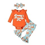 Tinypainter Baby Girl Thanksgiving Outfit Pumpkin Pie Romper+Flare Pants Newborn Girl Turkey Day Clothes 0-18 Months(Orange,3-6 Months)