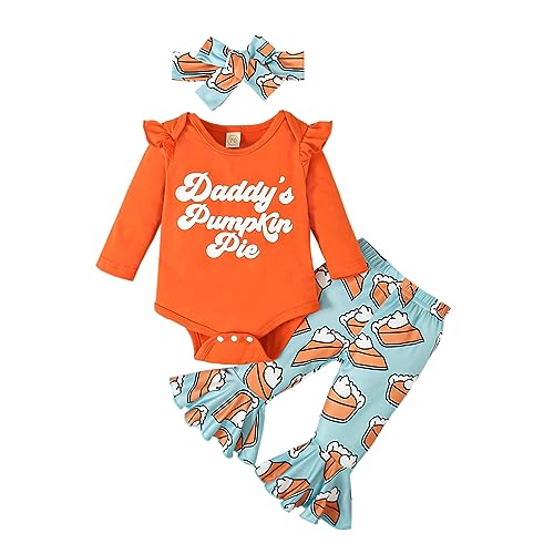 Image of Baby Girl Thanksgiving Outfit Pumpkin Pie Romper+Flare Pants Newborn Girl Turkey Day Clothes 0-18 Months