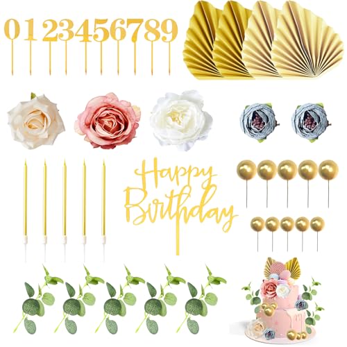 40pcs Flower Cake Topper Set, Gold Cake Decorations Flowers, Bohemian Cake Toppers, Balls Cakes Decoration, Birthday Cake Topper with Palm Fan, Balls for Wedding Party Home Decor