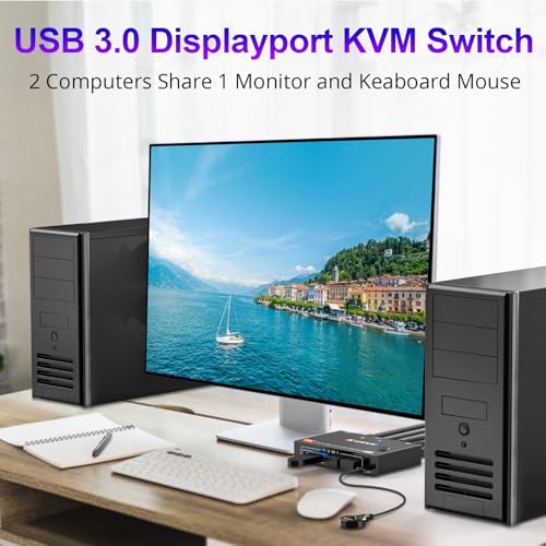 Image of KCEVE KVM Switch 2 Computer 1 Monitor Displayport 4K@240Hz 8K@60Hz, USB 3.0 KVM Switch Displayport 2.1 for 2 PC Share 4 USB Devices Keyboard Mouse,Wired Remote(8K DP 2 in 1 Out KVM)