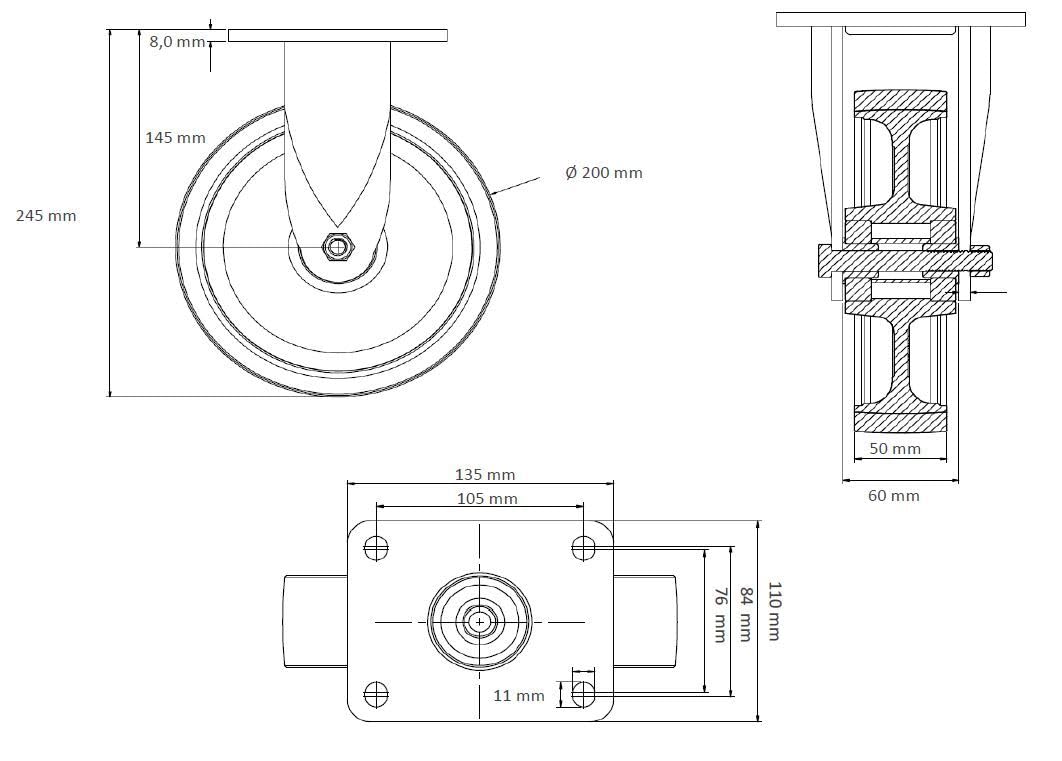 Bockrolle Durchmesser 200 mm - Serie I2U5 Doppelkugellager