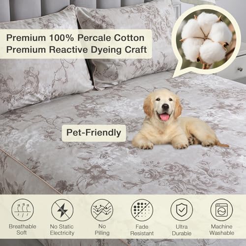Image of Gray-Beige Boho Floral Percale Sheets California King, Deep Pocket | 100% Cotton Greige Vintage Bed Sheets, Brown Flower Cottage Sheet Set, Shabby Chic Bedding, Neutral Printed, Aesthetic, 4Pcs