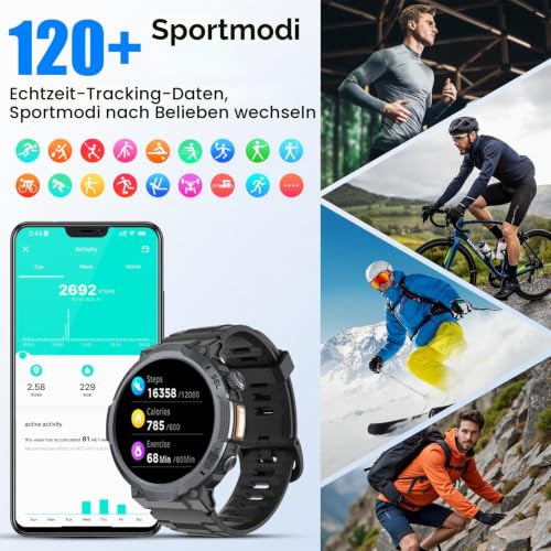 Smartwatch Herren, 1.53'' AMOLED-Display, 1000mAh Smart Watch, Anrufe tätigen/Empfangen, 120+ Sportmodi Fitness Tracker, IP68 Wasserdicht… – Ansicht 3