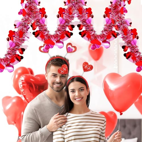 Image of 2Pcs Valentine's Day Tinsel Garlands 66FT Metallic Fringe Garland with Pink Hearts Glitter Streamers for Wedding, Engagement, Anniversaries, Romantic Love Valentines Day Decorations