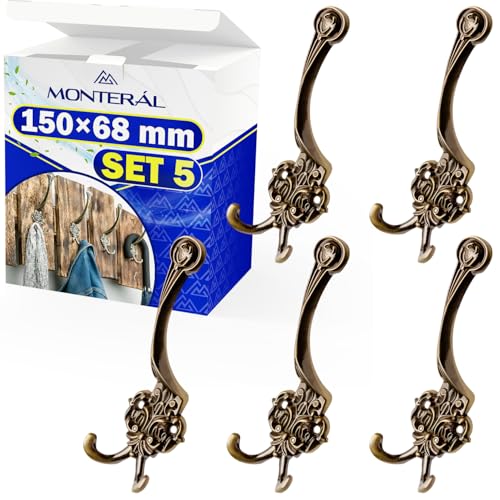 MONTERAL 5 Piezas Ganchos para Colgar Ropa 150 x 68 mm mm en Color Latón Antiguo   Gancho Pared Fabricado en Aleación de Zinc y Aluminio   Garantía de 10 Años