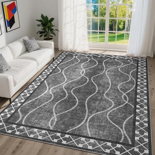 DweIke 5x7 Area Rug, Non-Slip, Washable, Black/Grey