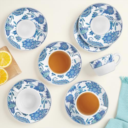 Image of Larah by BOROSIL 140ml Opalware New Iris Tea /Coffee 6pc Cup & 6pc Saucer Set, Microwave & Dishwasher Safe Embossed Design Crockery Set Ideal for Daily Use & Gifting
