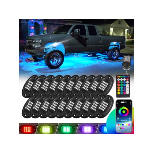 Image of RGB LED Rock Lights Kit, 20 Pods Rock Lights for Semi Truck Offroad Pickup RV Trailer Boat, Waterproof Multicolor Underglow Kit for Truck with APP Remote Control Music Neon Vehicle Underbody Light 12V