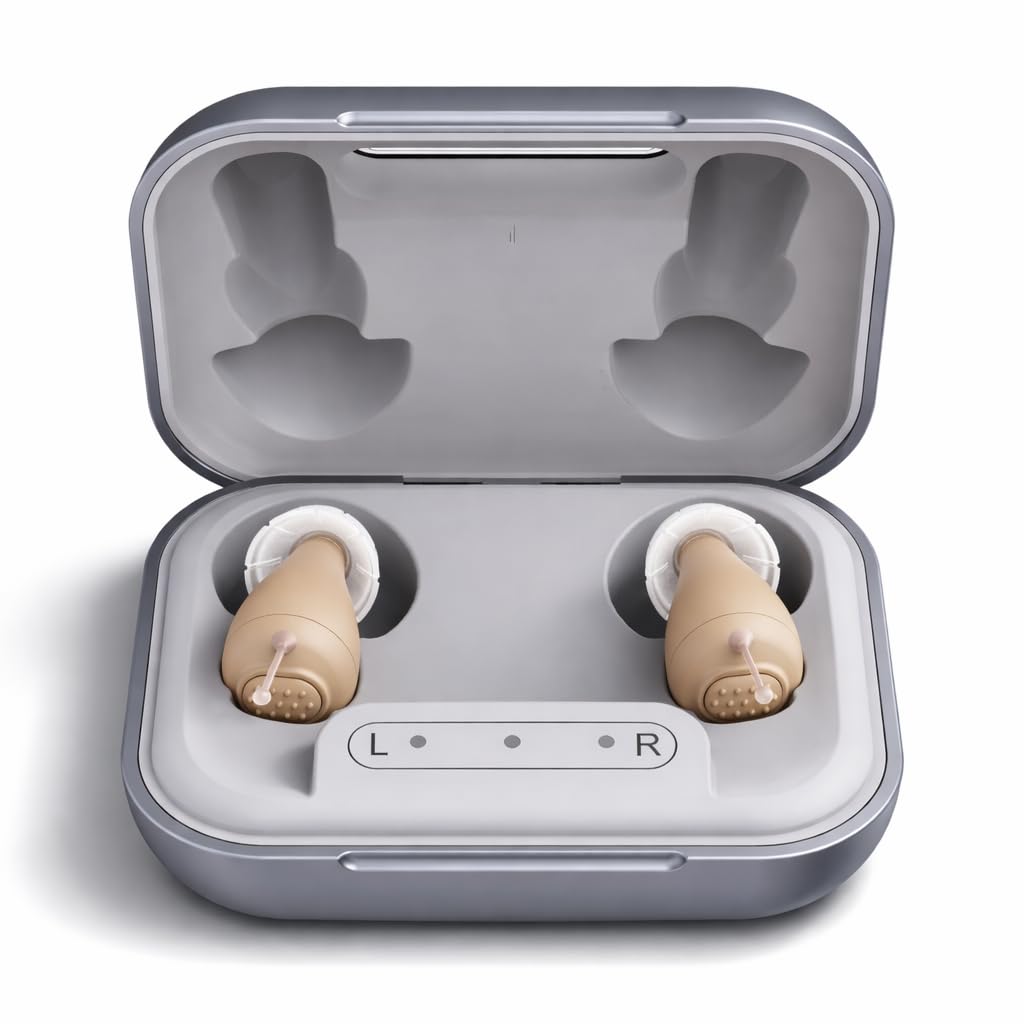 HearClear Amplificador De Sonido Con Estuche De Carga | Diseño Intrauricular Invisible Recargable | Amplifica hasta 32x | 14h Batería | Conversaciones y TV | 3 Tallas Incluidas