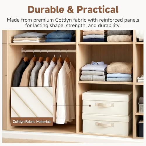 Image of StorageWorks Storage Bins with Lid, Decorative Fabric Storage Bins with Handles, Stackable Closet Organizers for Shelves and Bedroom, Small, Beige(Cotton Linen), 2-Pack