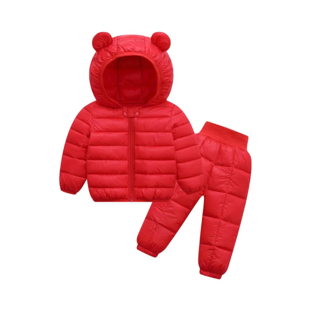 ZBDP - Tuta imbottita per bambini, autunno/inverno, in cotone, con giacca e pantaloni a tinta unita, set da due pezzi, con cappuccio e pantaloni
