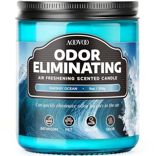 Image of AOOVOO Fantasy Ocean Odor Eliminating Highly Fragranced Candle - Eliminates 95% of Pet, Smoke, Food, and Other Smells Quickly, Non Toxic Air Freshing Soy Candle, 9 oz Up to 50 Hours Burn time