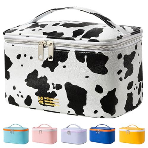 Meiyuuo Makeup Bag Large Cosmetic Bags for Women Girls Cute Travel Zipper Pouch Toiletry Organizer for Beauty Essentials Waterproof (Cow Print)