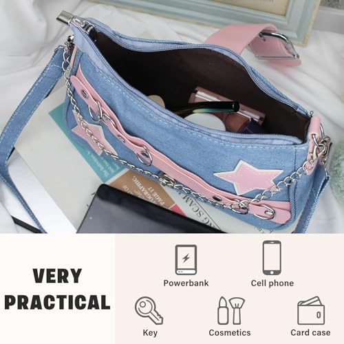 Denim y2k Purses for Women, Star Casual Chain Handheld Small Shoulder Bag with 2 Straps, Three Carry Methods Rock Style4