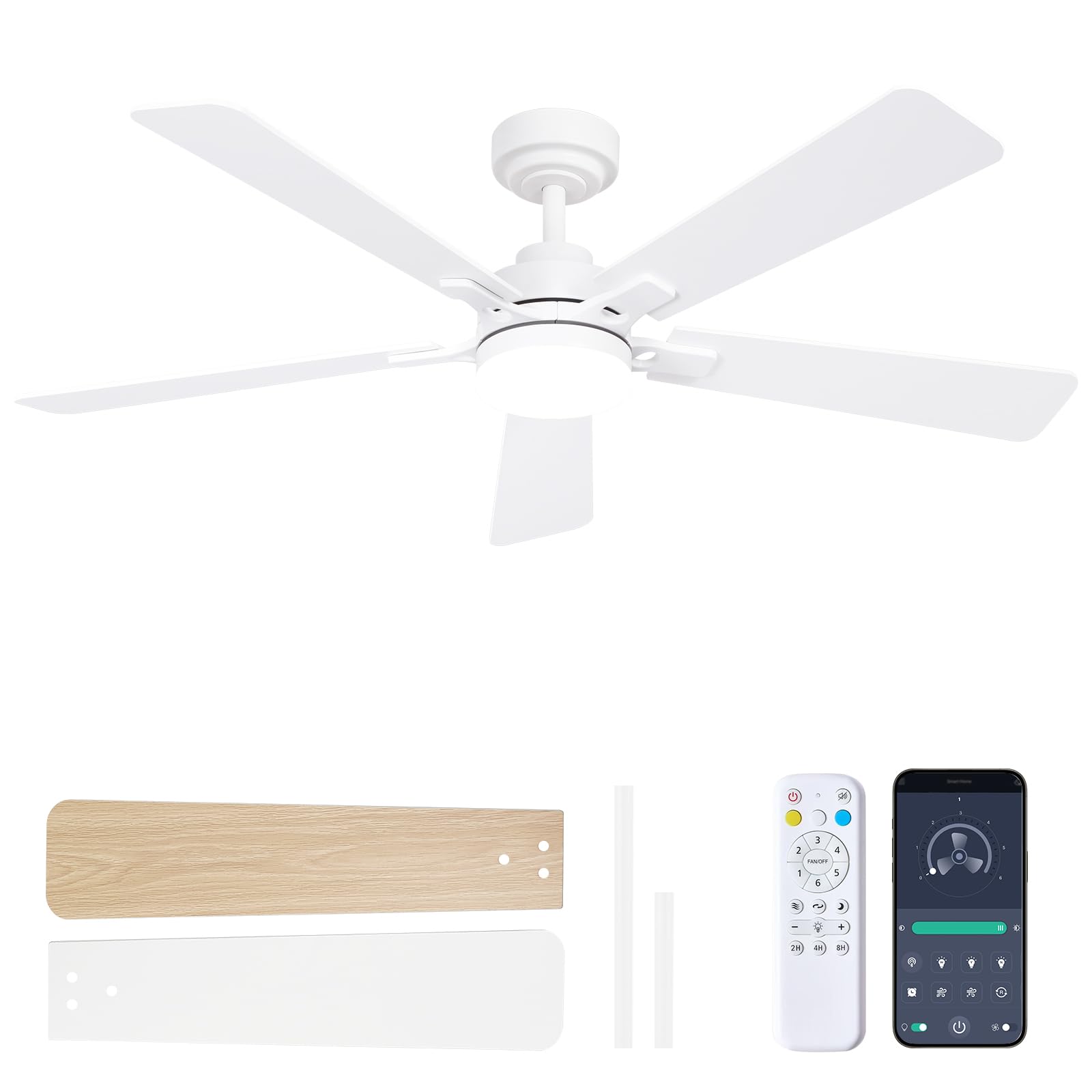 Photo 1 of Dolavast 52 Inch Ceiling Fans with Lights and Remote, Downrod Mount, Sloped Ceiling Compatible up to 15°, Quiet Reversible DC Motor, 3CCT Dimmable LED, White Ceiling Fan for Bedroom Living Room