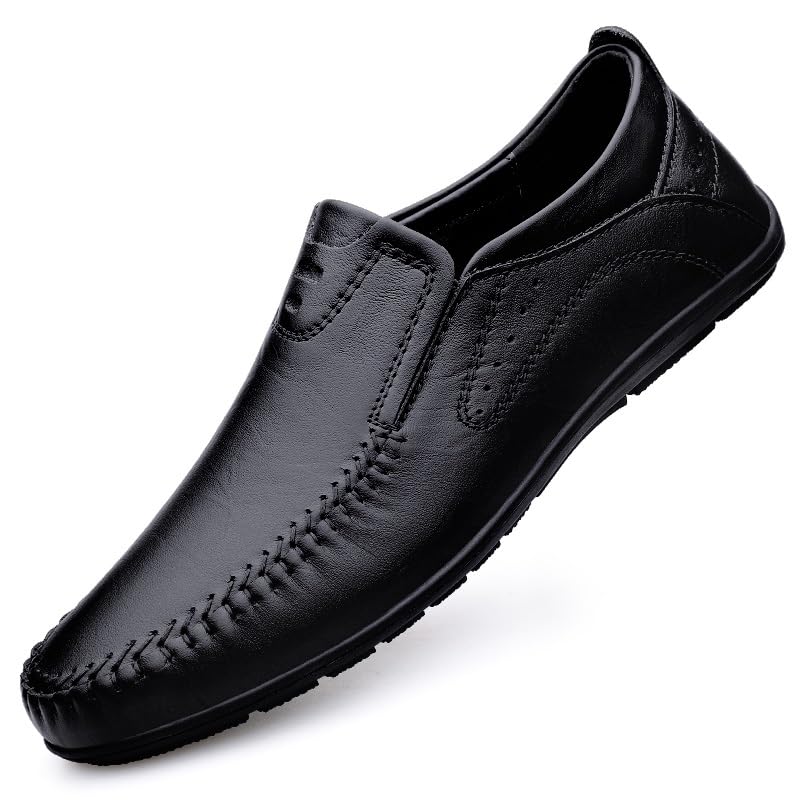 Loafers for Men Round Toe Leather Solid Color Loafer Shoes Flat Heel Comfortable Flexible Walking Classic Slip-ons