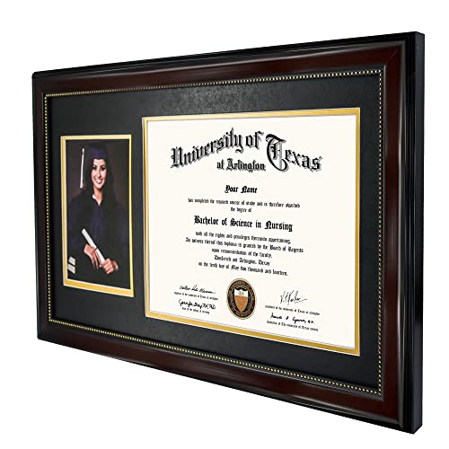 GraduationMall 11x19 Mahogany Diploma and Photo Frame for 8.5x11 Certificate,5x7 Picture,Real Glass,Black over Gold Double Mat by GraduationMall - Image 3