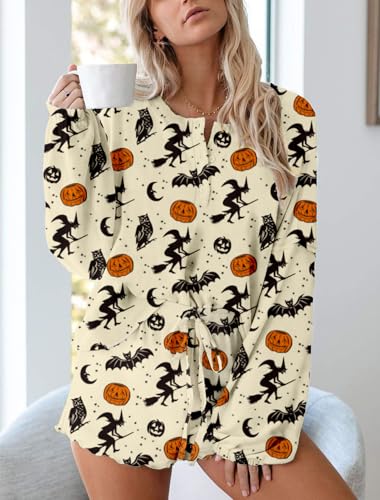 Image of Roshop Halloween Pajama Women's Pumpkin Matching Top & Shorts Loungewear Set