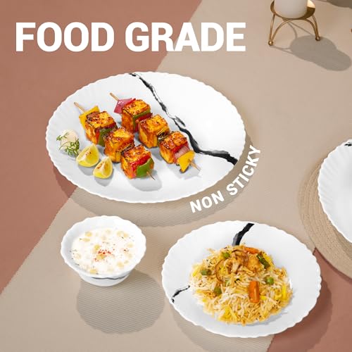 Image of Treo by Milton Opalware Aurelia Stria Dinner Set of 6 | Serving for 2 | Microwave & Dishwasher Safe | Bone-Ash Free | Tempered Toughness | Plates & Bowls | Crockery Set for Dining & Gifting | White