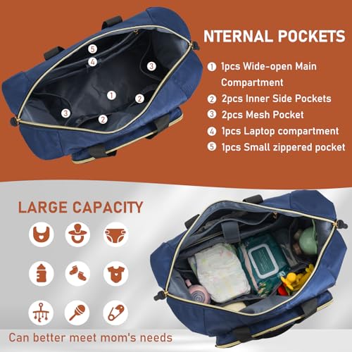 Image of 7pcs Diaper Bag Tote, Large Mommy Bag Travel Diaper, Baby Diaper Tote Bag for Mom Hospital, Dark Blue