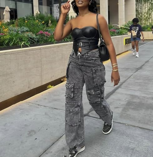 LKOUS Women's Y2K Baggy Straight Wide Leg Cargo Jeans, Streetwear High Waisted Denim Pant4