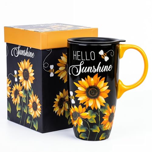 Taza de viaje de cerámica 17oz con tapa y diseño girasol miniatura 1