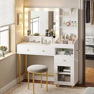 Vandana Interiors Modern White Vanity Table with Mirror & 3 Color Lighting Modes Makeup Desk with Drawers
