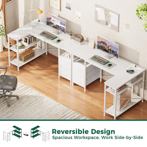 Image of Huuger L Shaped Office Desk with Power Outlets & 3 Drawers | 47 Inch Computer Desk with Shelves, for Gaming, Corner Work, Home Office, Study, White