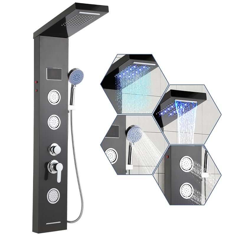 Hebitod Panel de ducha LED, sistema de ducha de lluvia con indicador de temperatura, columna de ducha de 5 funciones, chorros de masaje ajustables, sistema de ducha, 2 modos, ducha de masaje, ducha de