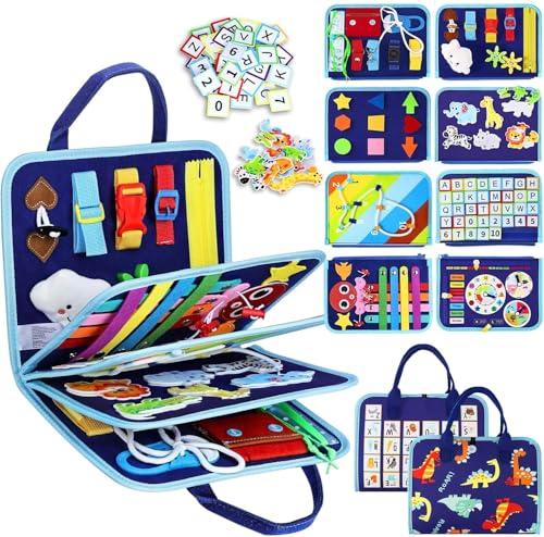 Image of SHINETOY Montessori Busy Board for Toddlers | 8-Page Sensory Activity Book | Fine Motor Skills, Clock, Shapes, Numbers, Alphabet & Life Skills | Dinosaur Theme Travel Learning Toy for Kids 3-6