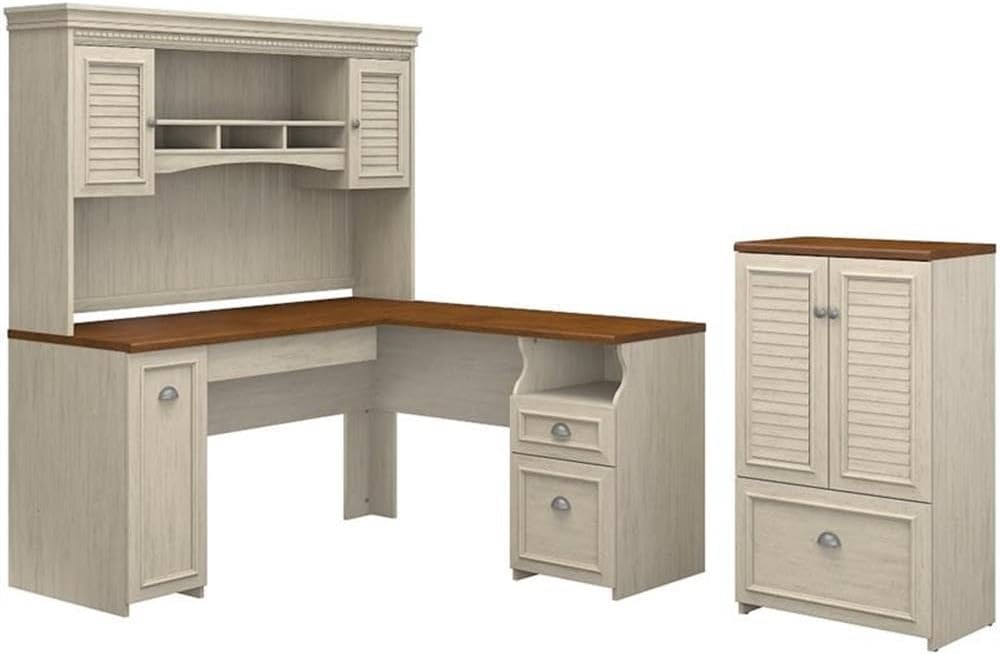 Pemberly Row Engineered Wood L Shaped Desk with Hutch and Storage Cabinet, Antique Black/Hansen Cherry Finish, 60W Corner Desk, Durable Home Office Furniture Set with File Storage