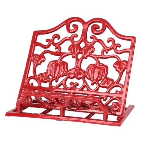 MINLUFUL Vintage Cookbook Stand, Robust Wrought Cast Iron Recipe Book Holder for Kitchen Counter, Large Metal Cook Book Stand with Pumpkin Design, Red