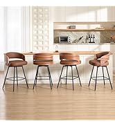 Swivel Bar Stools Set of 4, 26" Counter Height Bentwood Barstool, Upholstered Faux Leather Barsto...
