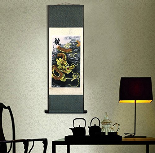 Sweethome Asian Silk Scroll & Picture Scroll & Wall Scroll Calligraphy Hanging Artwork (Golden Dragon) #TOP1