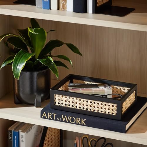 Image of Rectangular Bathroom Tray, Hand-Woven Rattan Storage Baskets Decorative Tray, Organizer Tray for Storage, (35cm x 25cm x 10cm)