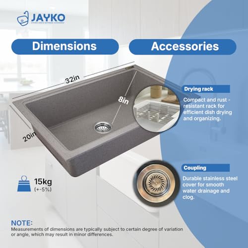 Image of JAYKO Quartz Acrylic Kitchen Sink for Modular Kitchen | Granite Finish, Scratch & Heat Resistant | Easy to Clean & Stylish Sink for Home (UBR, 32x20in)