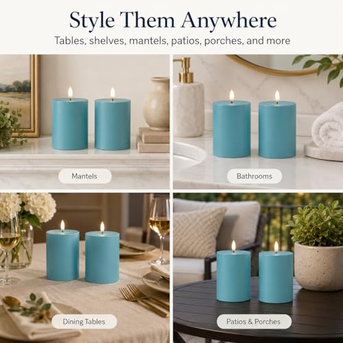 Image of ANGELLOONG Blue Battery Operated Pillar Candles, 3 x 4 Inch, Set of 2 | Blue Flameless LED Candles, 6-Hour Timer, Waterproof Table Decor for Patio, Porch and Centerpieces
