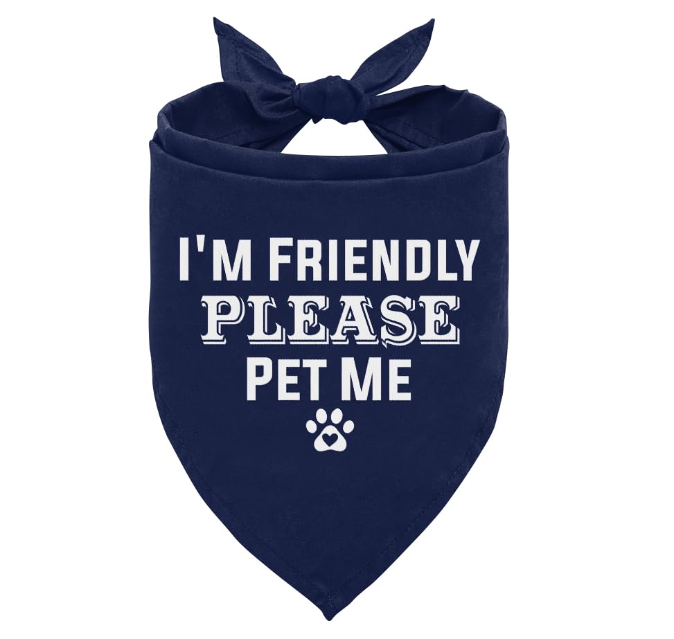 I'm Friendly Please Pet Me Dog Bandana, Dark Blue Dog Bandana, Funny Cute Pet Triangle Scarf Accessories, Dogs Bandanas for Small Medium Large Dogs (