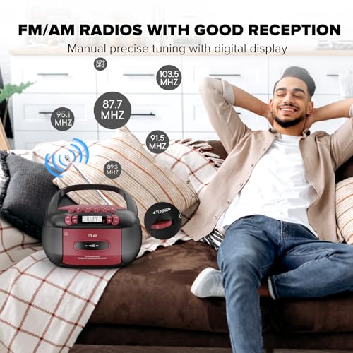 Image of Kuephom Boombox CD Cassette Player Combo Bluetooth, Radios & Remote Control | AM /FM, AUX /USB MP3, Tape Recording /Sleep Timer /Earphone Jack, DC /AC Powered for Home, Outdoor, Red