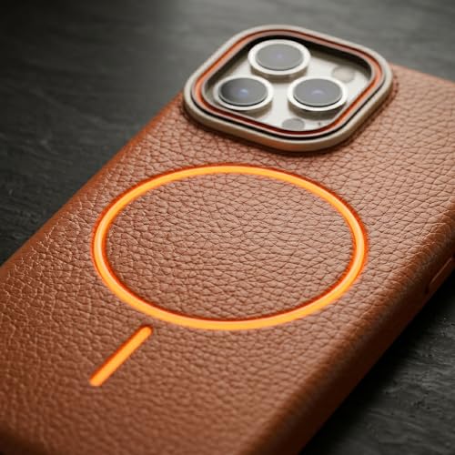Image of amazon basics Luxury MagSafe Compatible Leather Texture Back Cover for iPhone 13 Pro | Raised Camera Protection | Slim Fit Shockproof Case with Metallic Accents (Orange)