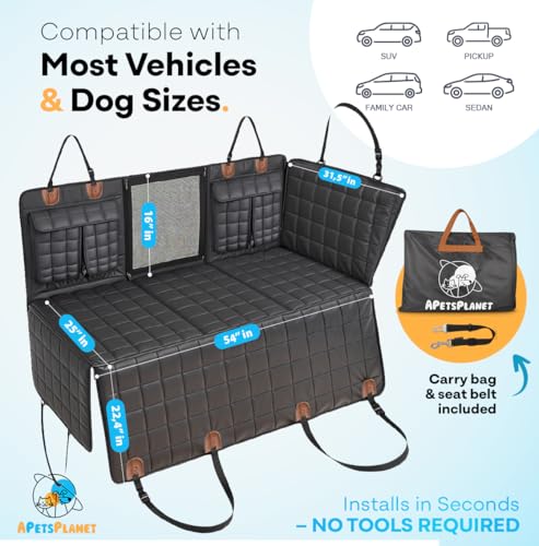 APetsPlanet Hunde-Autositzbezug für Rücksitz, harte Unterseite, wasserdichte Rücksitzverlängerung für Hunde, Haustier-Hängemattenbett für Auto, LKW, SUV mit Netzfenster und Stauraum, schwarzes Leder