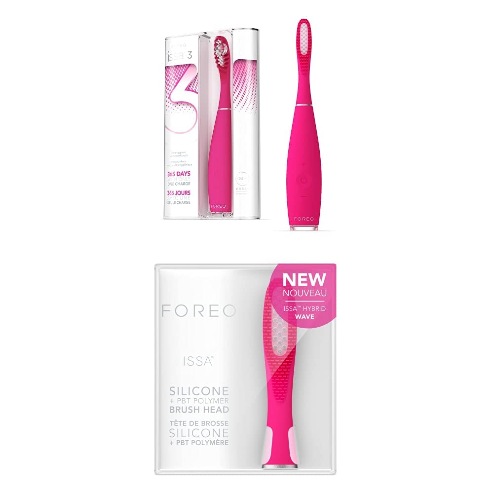 FOREOISSA 3 Fuchsia, Rechargeable Electric Ultra-Hygienic Sonic Toothbrush with Silicone & PBT Polymer BristlesFOREO ISSA Hybrid Wave Brush Head Fuchsia,