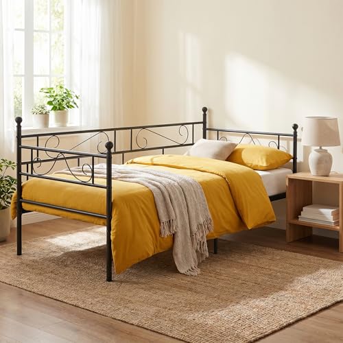 buybyroom Daybed Single Sofa Bed Frame with Headboard and Solid Metal Slat Guest Sofa Bed for Living Room Bed Room (Black)
