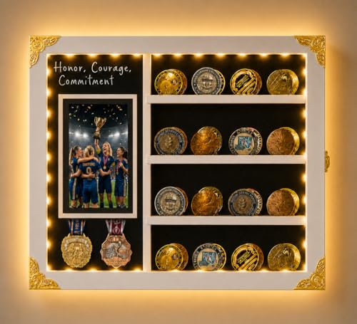 Image of Medal Display Case for Athletes, Lighted Shadow Box with Photo Frame , Wall Mount Display Holder with Removable Shelves for Medals, Challenge Coins, Memorial Gift for Achievement, Collectors, White