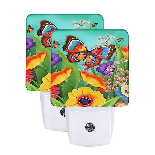 Image of Flower and Butterfly LED Plug-in Night Light 2-Pack, Auto Sensor Nightlights Set of 2 for Bedroom Bathroom
