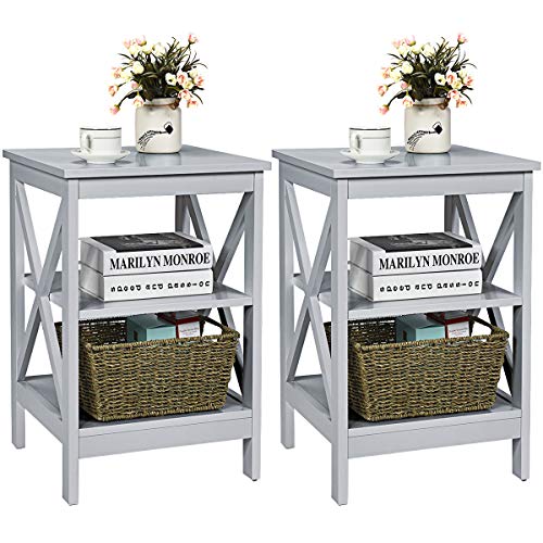 Giantex 3-Tier Nightstand Set of 2, Modern X-Design Side Table with Storage Shelf, Bedside Tables with Versatile Shelf, Wooden End Table for Living Room, Bedroom, Easy Assembly, Gray