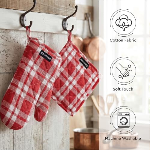 Image of Encasa XO Heat Resistant 100% Cotton Oven Glove & Potholder Set with Loop, Kitchen Cooking Mittens, Microwave Safe Hot Pads (Franca Red Checks)