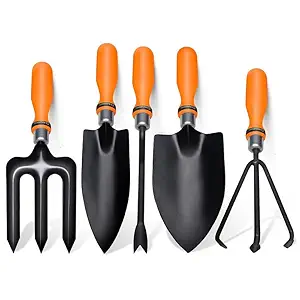 Febwell Gardening Farming Hand Tools Set - 5 Pcs (Cultivator, Big and Small Trowel, Weeder, Fork) | Gardening Tools for Home Garden | Durable Plant Tool Kit (5 Pieces)