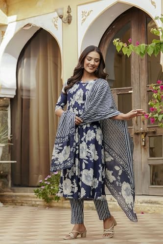 Image of NIVANA Floral Printed Kurta with Pant & Stripe Printed Dupatta | 3 /4 Sleeves | Round Notch Neck Button Detail