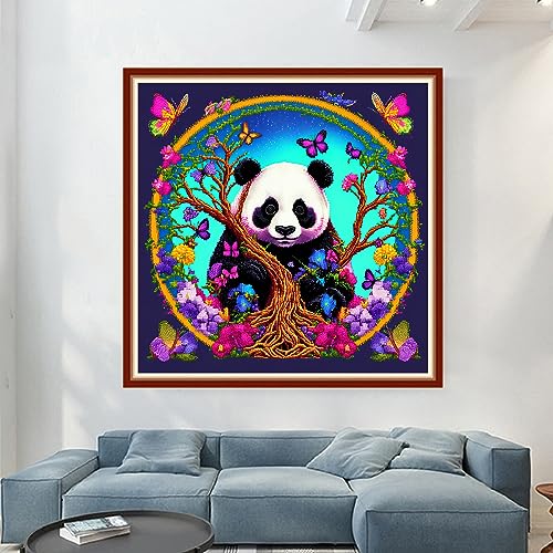 Image of Dimensean Stamped Cross Stitch Kits Full Range of Embroidery Patterns Starter Kits for Beginners Adult DIY Cross Stitches Needlepoint Kits 11CT-Panda Flower 17.7x17.7 inch